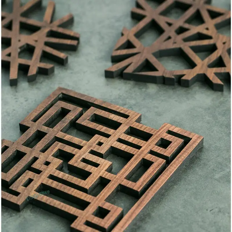 2023 Insulation Pad Black Walnut Wood Coasters Laser Plate Table Placemat Vintage Chinese Classical Geometric Artistic Deco