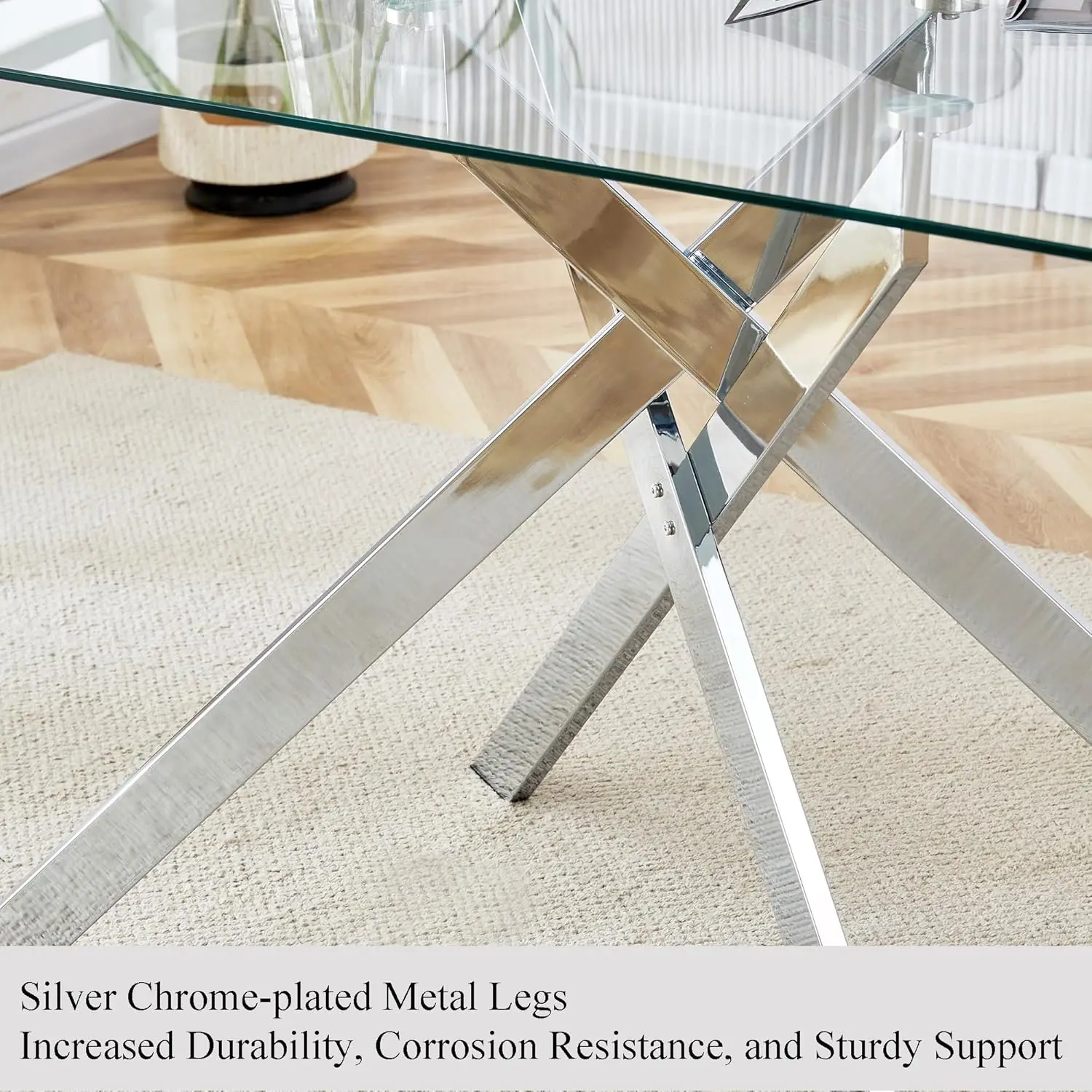 51.18' Rectangular Tempered Glass Dining Table with Metal Legs, Silver - Stylish & Sturdy for Home & Outdoor Use