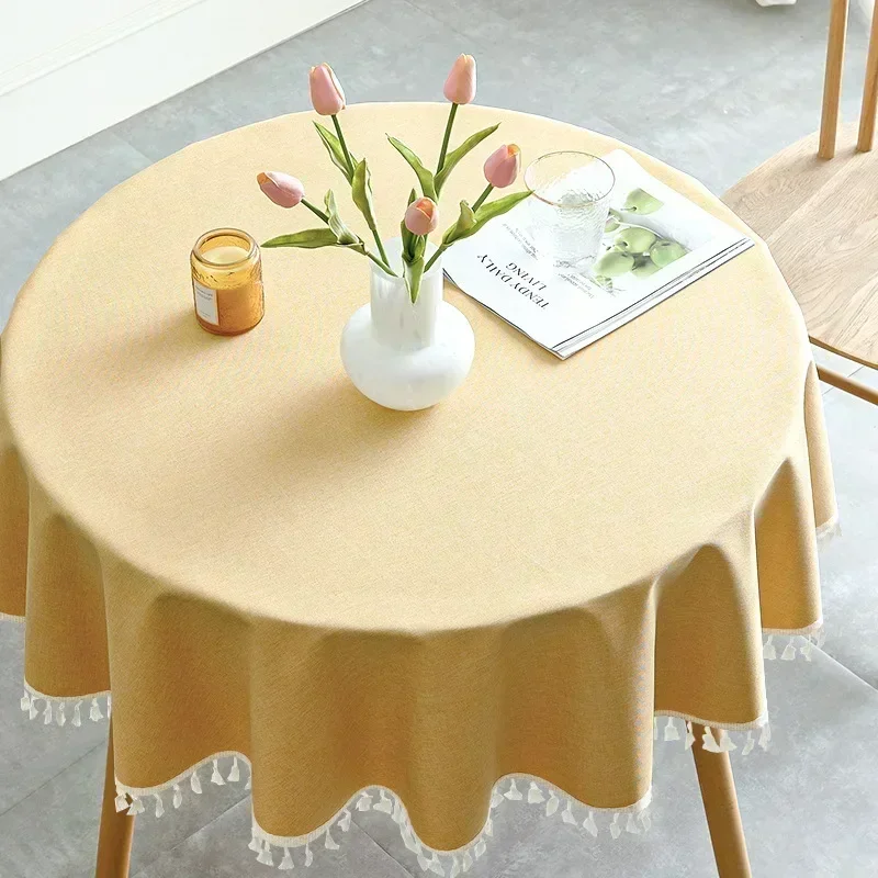 

Tablecloth pure color Nordic round table mat cloth art cotton linen waterproof oil-proof wash-free round desk skyblue