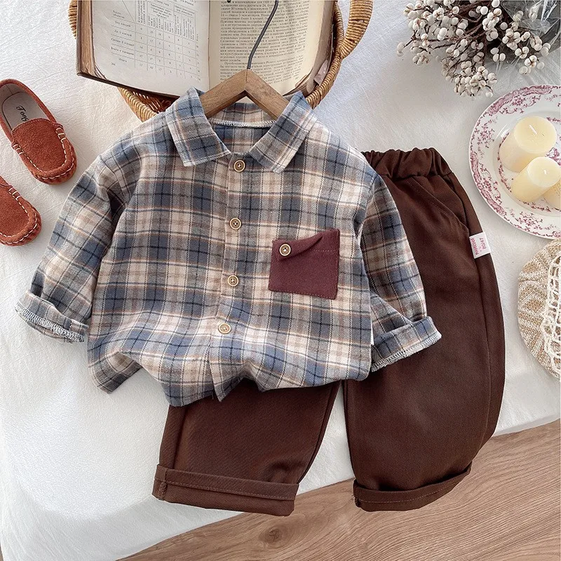 Autumn Boys Set Children Clothes Suit Kids Plaid Lapel Shirt + Pants 2Pcs Infant Casual Outfits Baby Tracksuits for 1-5 Years