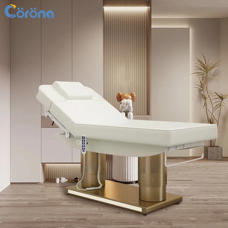 

Luxury Salon Furniture White Gold Electric Facial Beauty Massage Bed Table 190cm*78cm*60-86cm