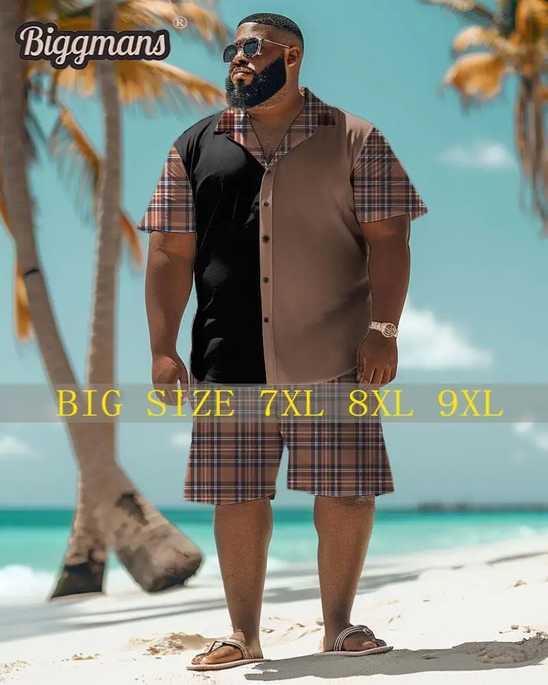 

Biggmans Plus Size Set （L-9Xl） for Summer Oversize Hawaii Suit Men's Check Print Series Short Sleeve Shirt Shorts 7Xl 8Xl 9Xl