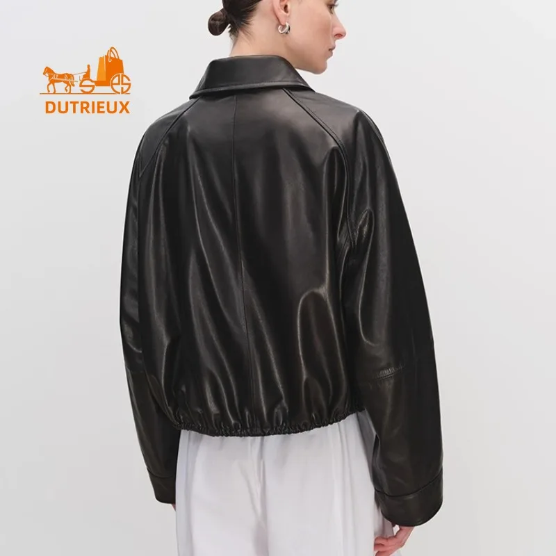 Winter Women's Suede & Leather Lapel Drawstring Short Leather Jacket, 100% Genuine Sheepskin Gorgeous and Elegant Leather Coat