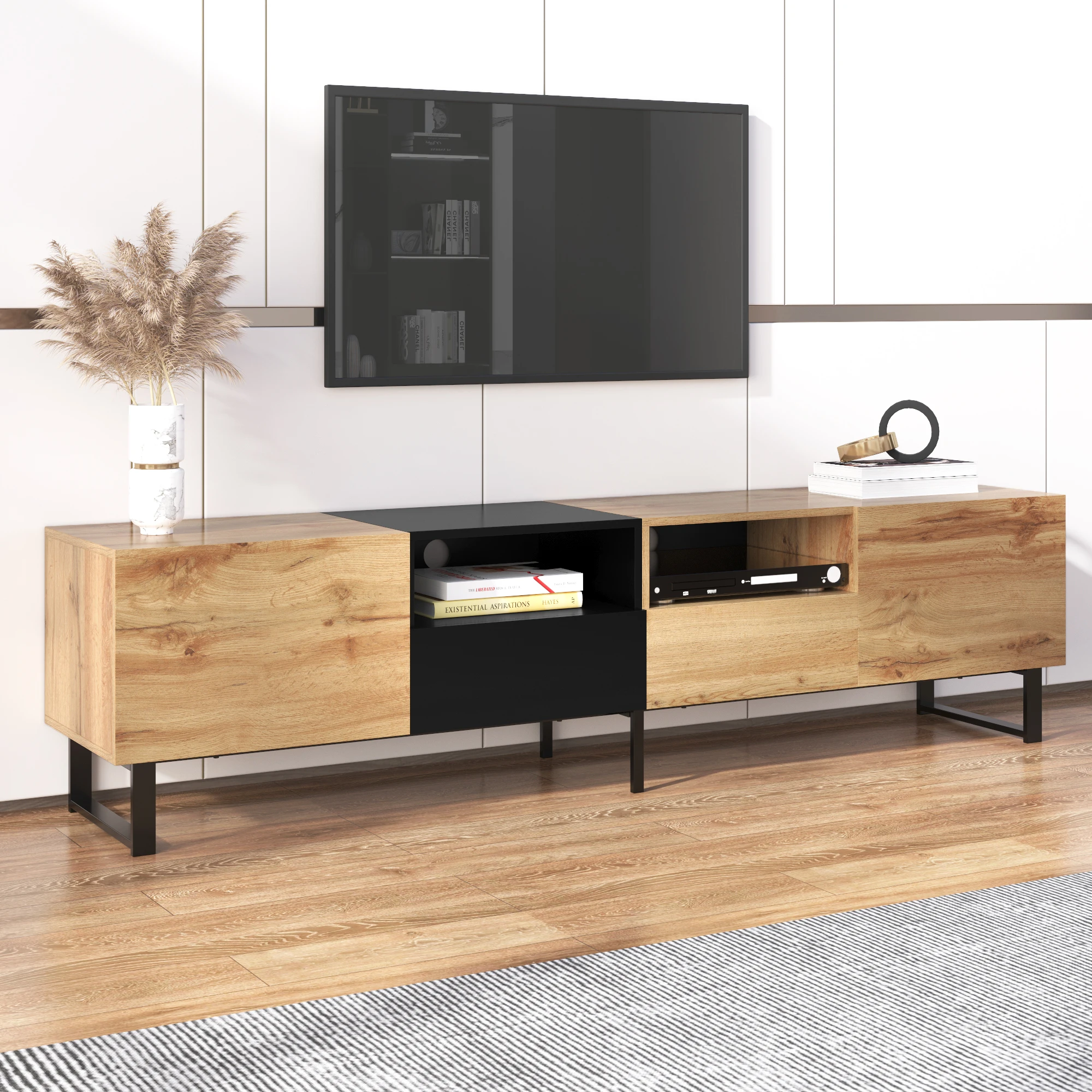 Modern TV Stand, Black and wood Design, Spacious Storage, Robust Construction