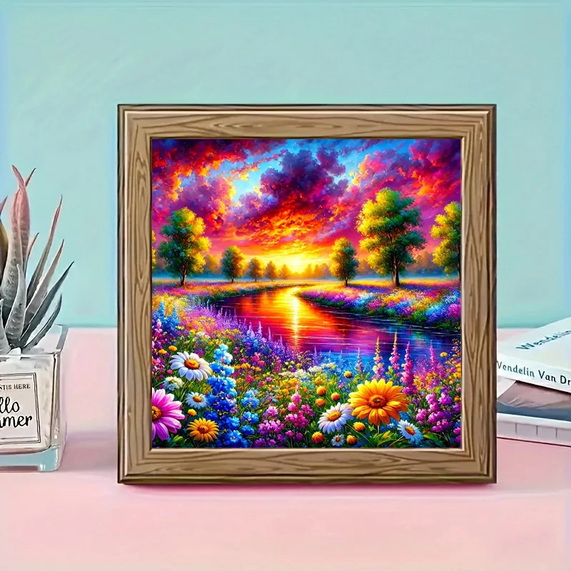 Sunset Wildflower River Meadow Landscape 5D DIY Diamond Painting Kit Full Drill Acrylic Home Wall Decor, Gift for Adults or Kids
