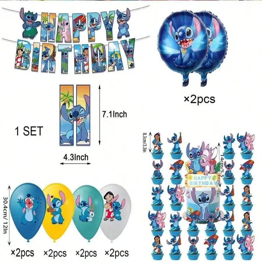 40PCS Lilo&Stitch themed birthday party decoration balloons, family party decoration banners, cakes, and balloon sets