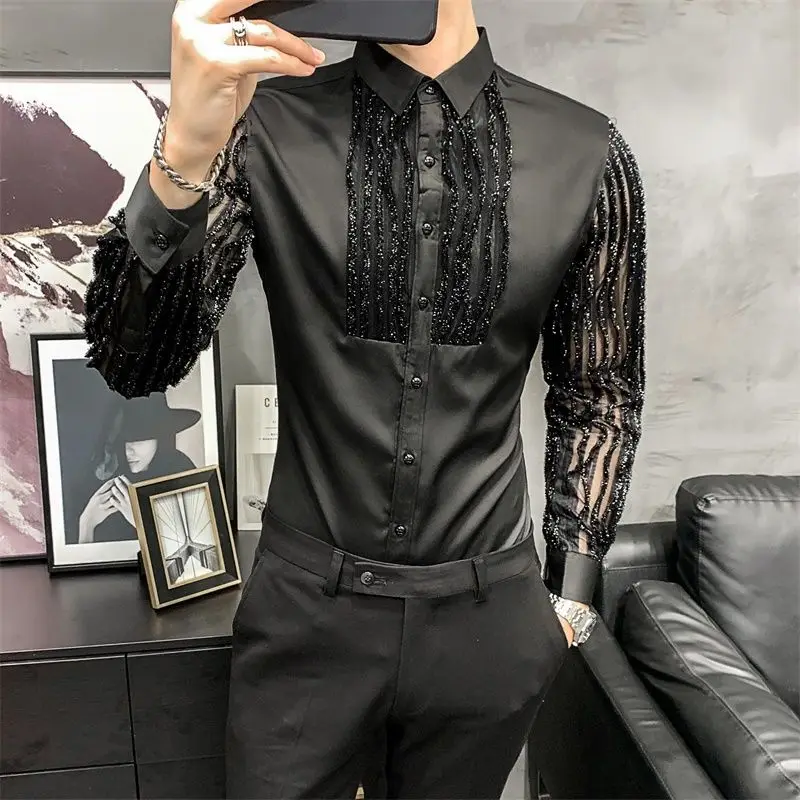 Korean Trend Fashion Men Shirts Spring Autumn New Solid Glossy Lapel Lace Patchwork Single Breaste Casual Slim Long Sleeve Tops