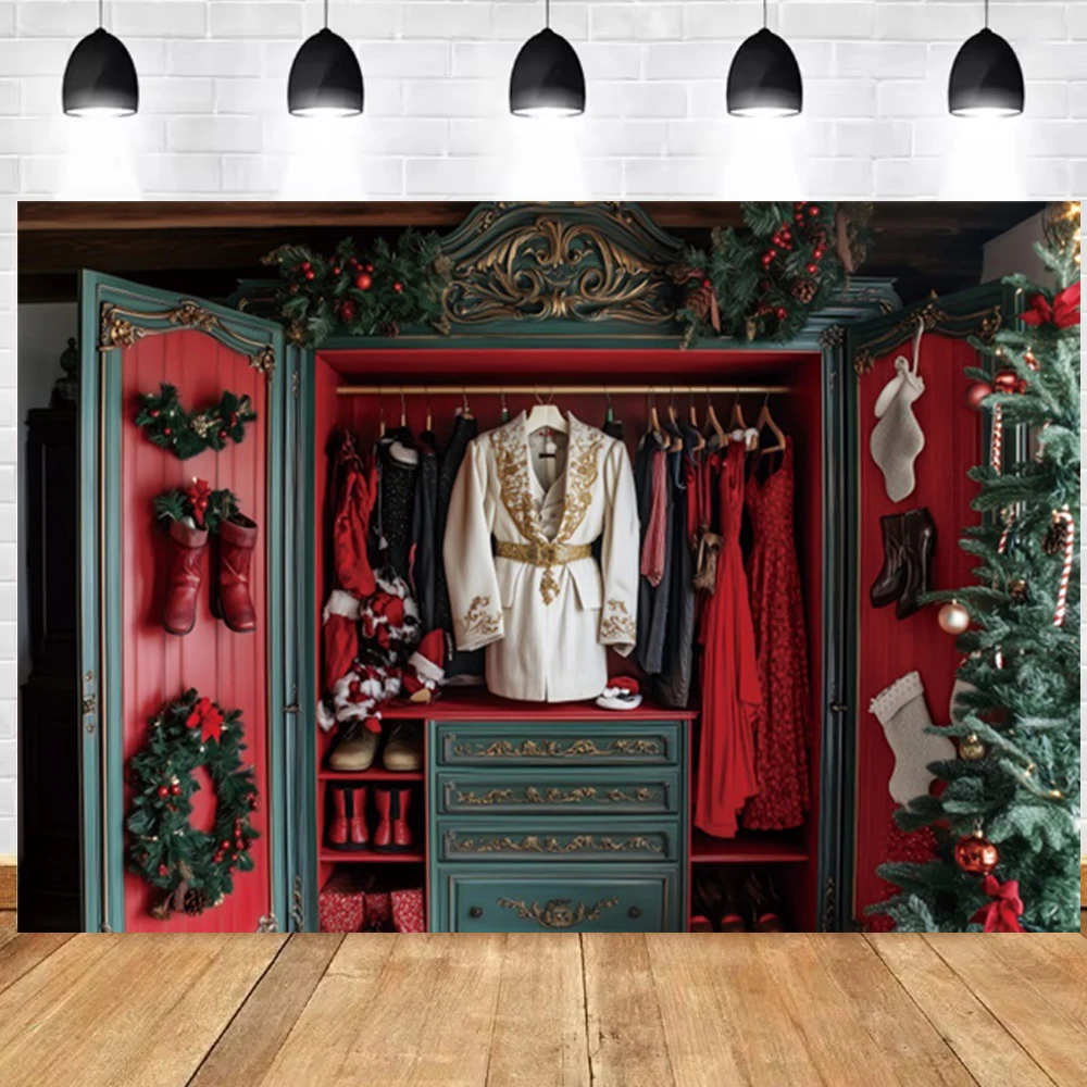 Christmas Photography Backdrop Wreath Decoration Wardrobe Santa Claus Costume Lady 2026 New Year Party Portrait Photo Background