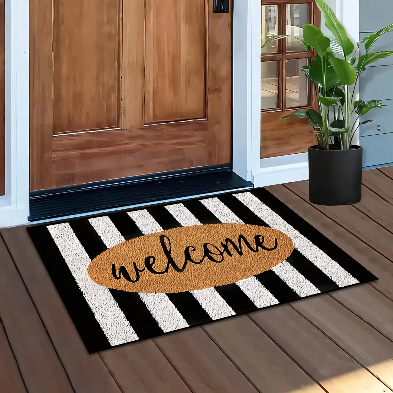 

Black & White Stripe Welcome Doormat, Anti-Slip Machine Washable Floor Mat for Entryway & Kitchen, Ideal Housewarming Gift