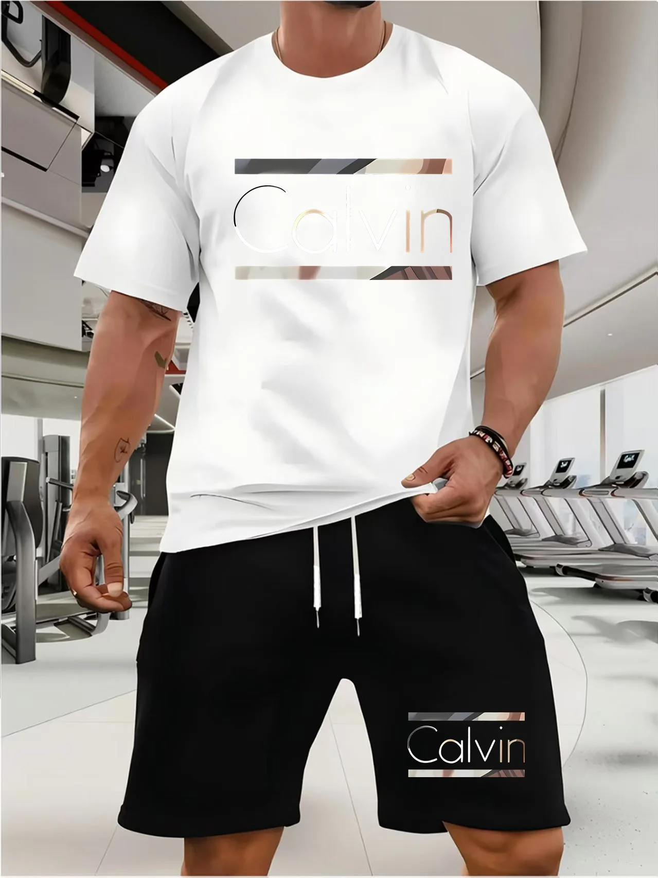 

Men's casual summer two-piece suit: round neck short-sleeved T-shirt + letter print beach style shorts Loose fit
