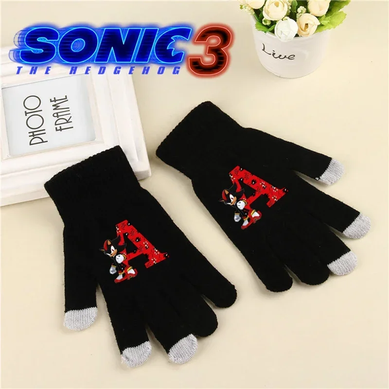 Sonics Children's Knitted Gloves Fashion Letter Printed Five Finger Mittens Cartoon Anime Touchable Screen Winter Warm Kids Gift