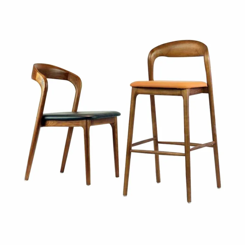 High Quality Home Restaurant Furniture  Solid Wood Chair Pu Leather Seat High Bar Stool Chair Modern Design Wood Chair