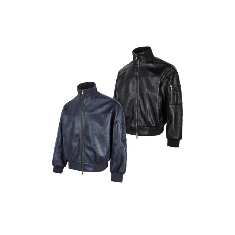 

EME винтажная куртка-пилот из искусственной кожи с высоким воротником, осень-зима, на молнии, элитная свободная куртка-пилот из кожи личи с узором