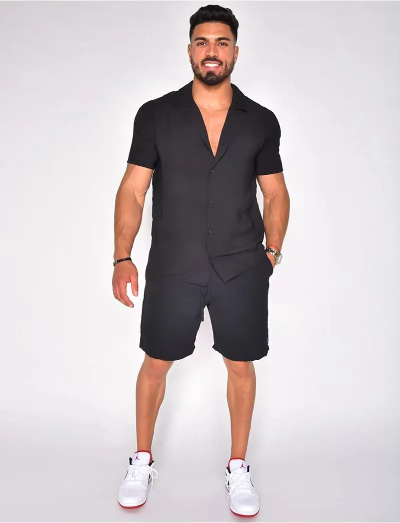 2024  New Style Men\'s Summer Lapel Cotton Linen Solid Color Casual Short Sleeve Shorts Set S-3XL