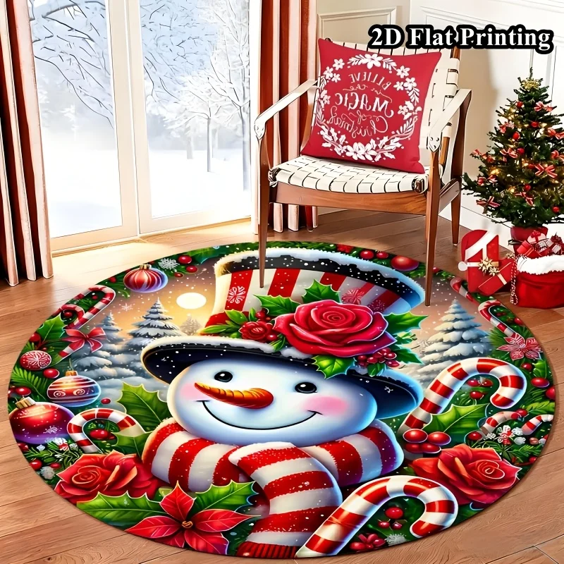 Abstract Red Gold Star Bauble Mosaic Christmas Tree Round Rug For Dining Room With Luxury Shine Carpet
