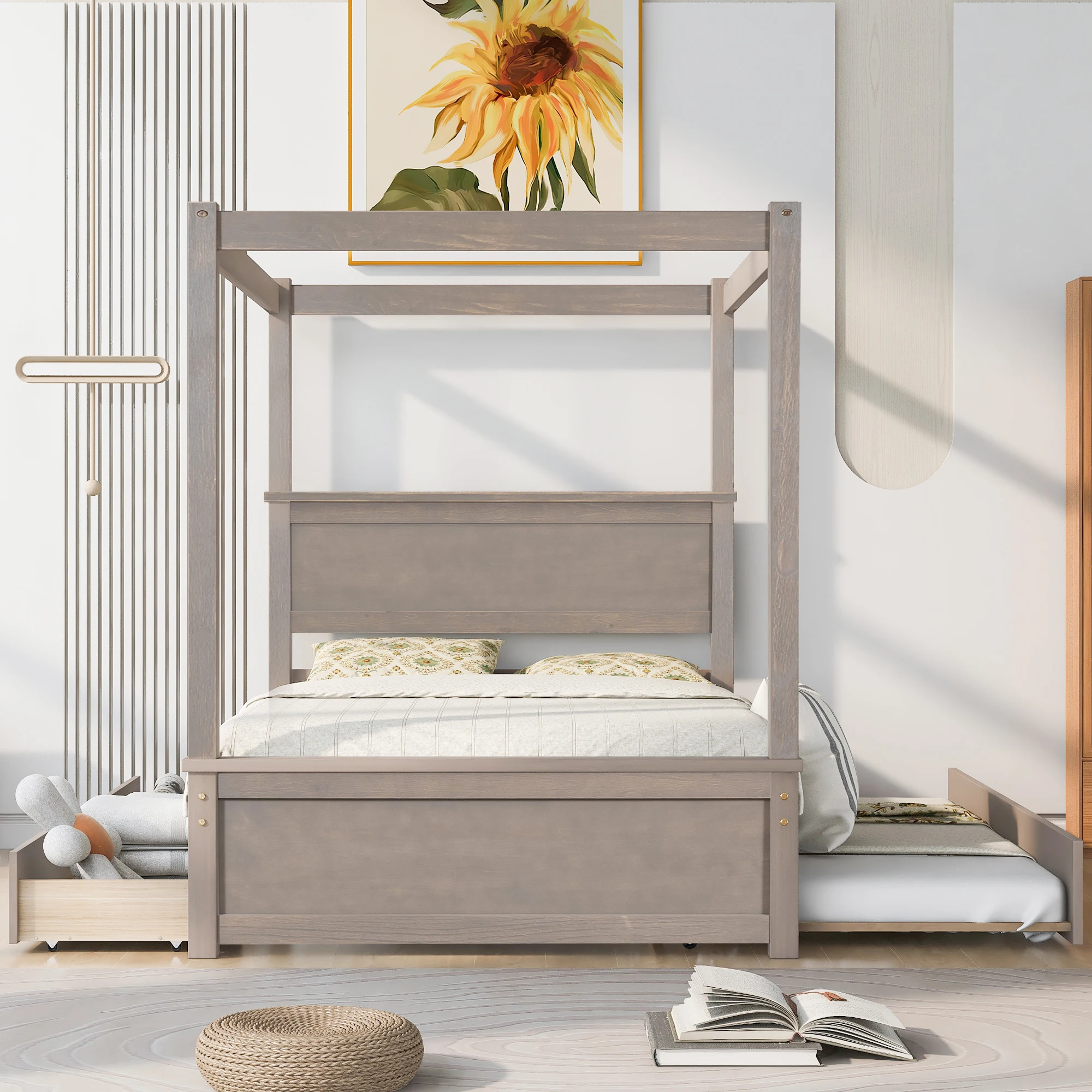 Wood Canopy Bed with Trundle Bed and two Drawers ,Full Size Canopy Platform bed With Support Slats .No Box Spring Needed, Brushe