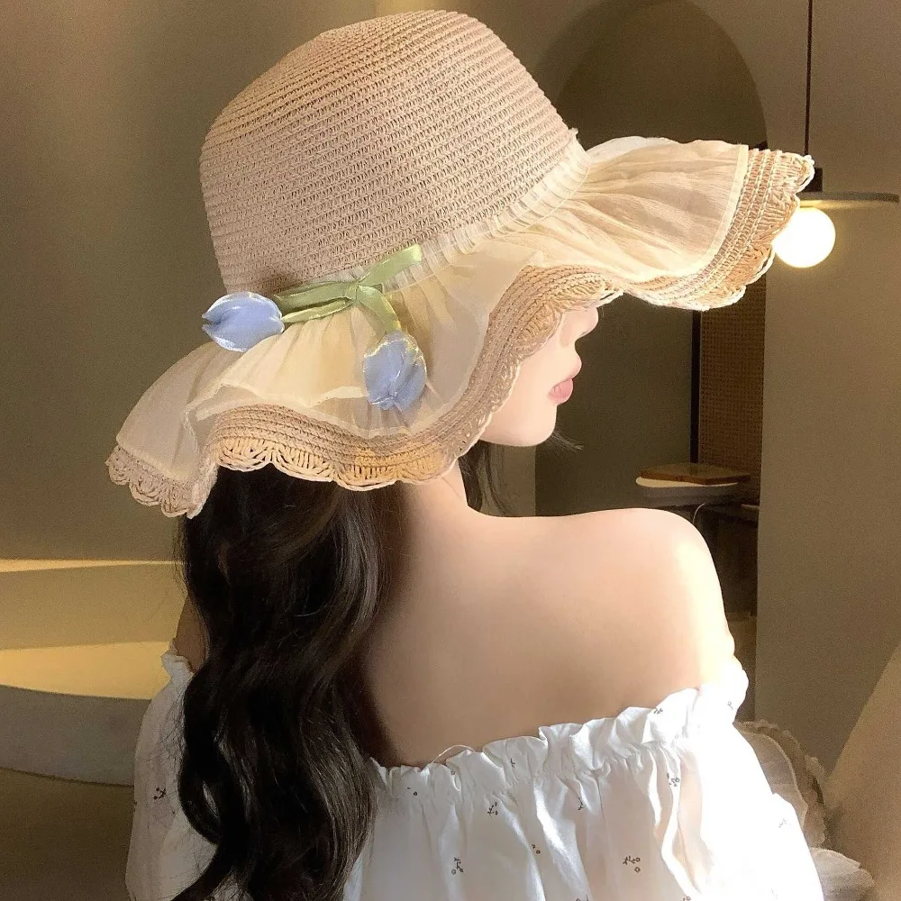 

Fashion Sweet Lace Tulip Sun Hat Wide Brim Flat Top Straw Woven Hat Elegant Korean Style Bow Sunscreen Hat Spring Summer