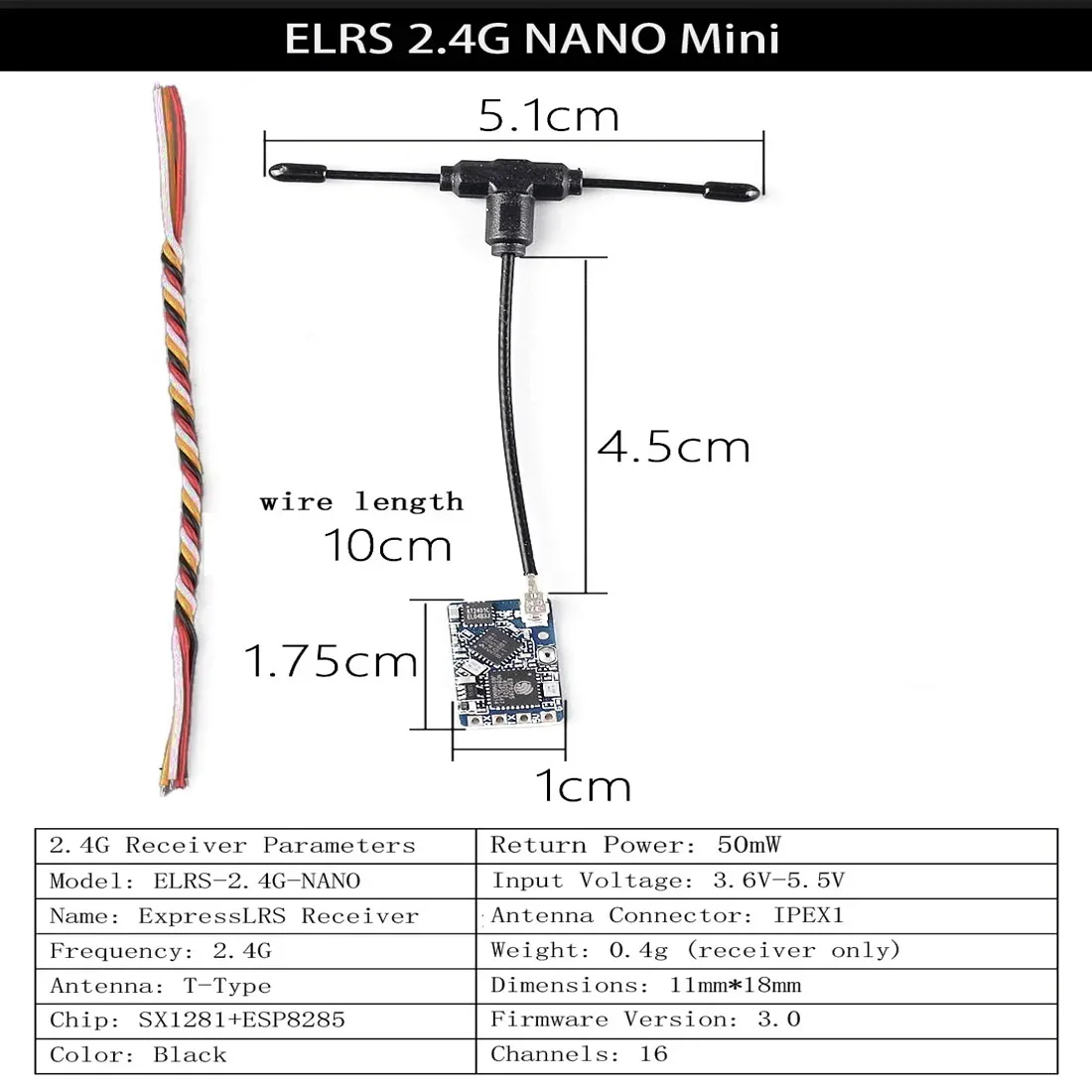 BAYCK ELRS 915 MHz / 2.4 GHz NANO ExpressLRS Ricevitore con antenna tipo T Supporto aggiornamento Wifi per FPV Drone RC Accessori