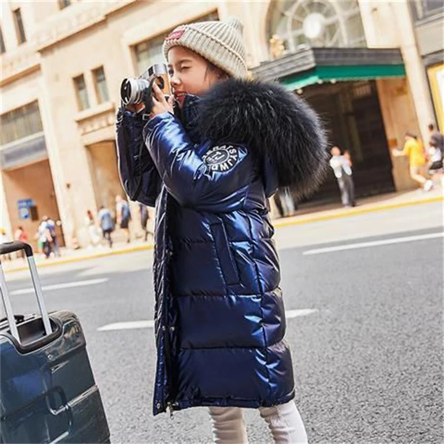 Warm Winter Jacket For Girls Coat Fashion Waterproof Shiny Hooded Children Outerwear Clothing 5-14 Years Teenage Kids Parka