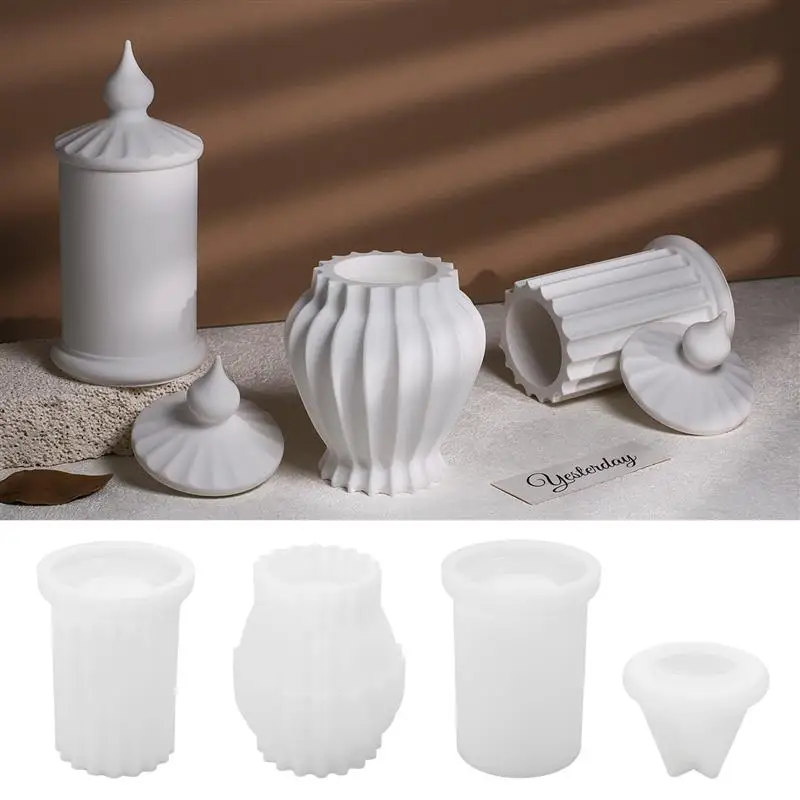 Roman Column Stripe Candle Jar Silicone Mold With Lid European Style Gypsum Cement Cup Flower Vase Resin Mold DIY Jewelry Making