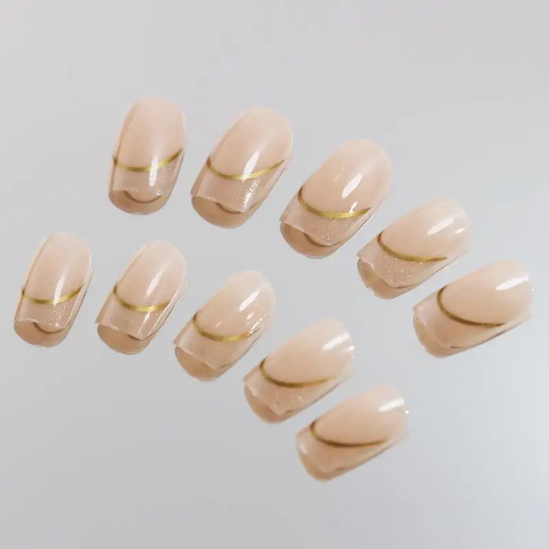 Medium long fake nails for women gilrs gradient nude brown with golden strips butterfly design full cover press on false nail