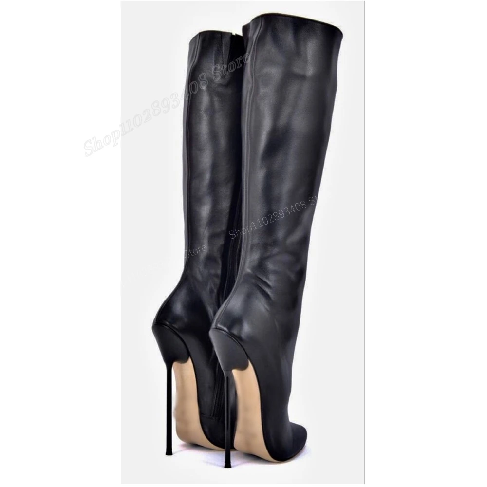 Black Sexy Matte Leather Knee High Boots Stiletto High Heel Pointed Toe Side Zipper Women Shoes 2023 Fashion Zapatos Para Mujere