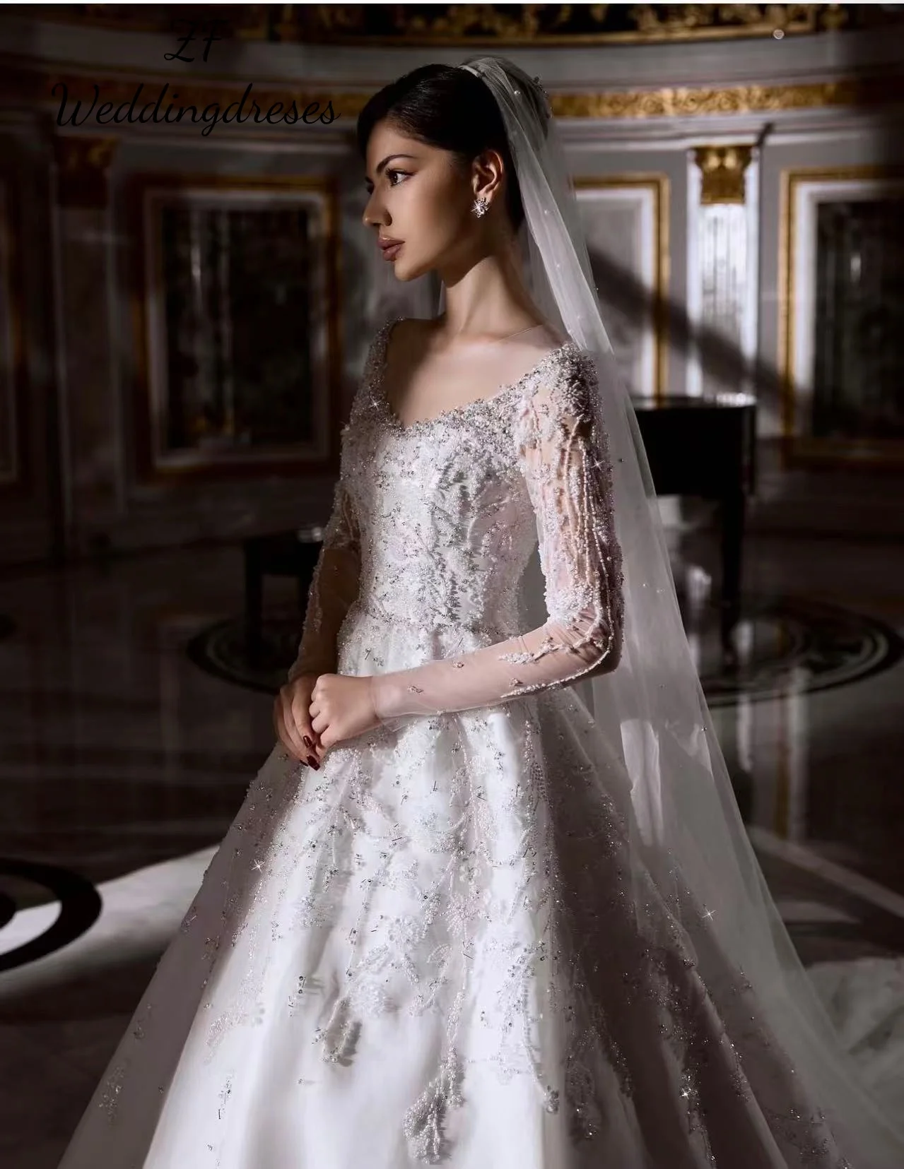 Personalizado requintado vestidos de casamento vestido de baile com decote em v manga longa lantejoulas apliques vestido de noiva novia