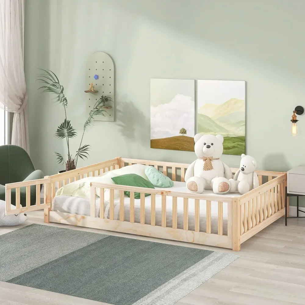 Full Floor Bed for Children, Sturdy Wood Montessori Frame with Wood Slats, Fence & Door,Natural (with Bed Slats)