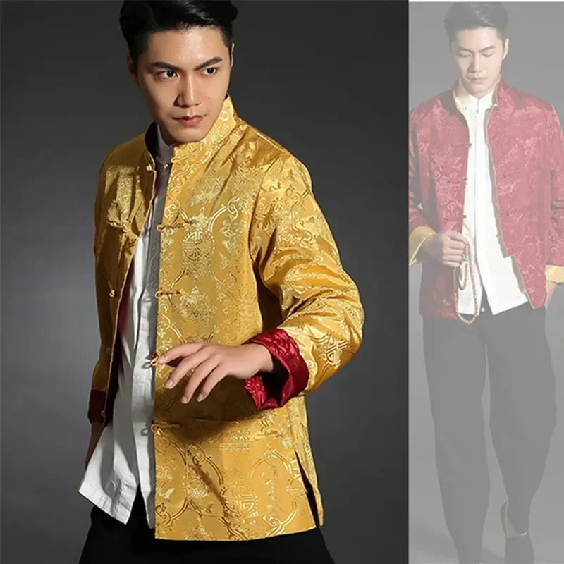 2023 Spring Mens China Style Printing Tang Suit Frog Button Jacket Mens Oriental Tai Chi Kung Fu Asian Chinese Top Jacket Coat