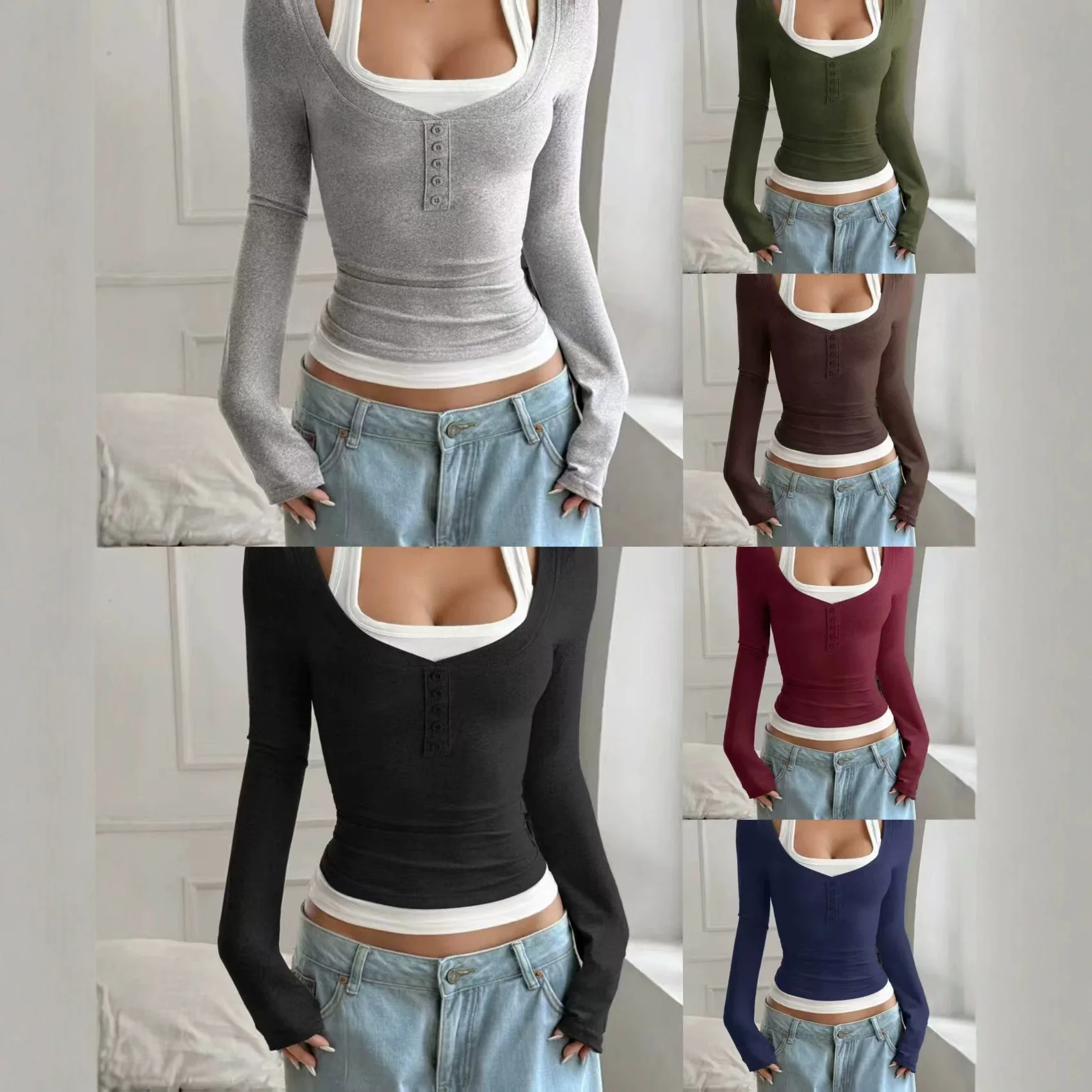 2026 Women 2 In 1 Fake Two Piece Long Sleeve Top, Square Neck Button Front Slim Ribbed Knit Blouse, Y2K Casual Layered Basic Tee