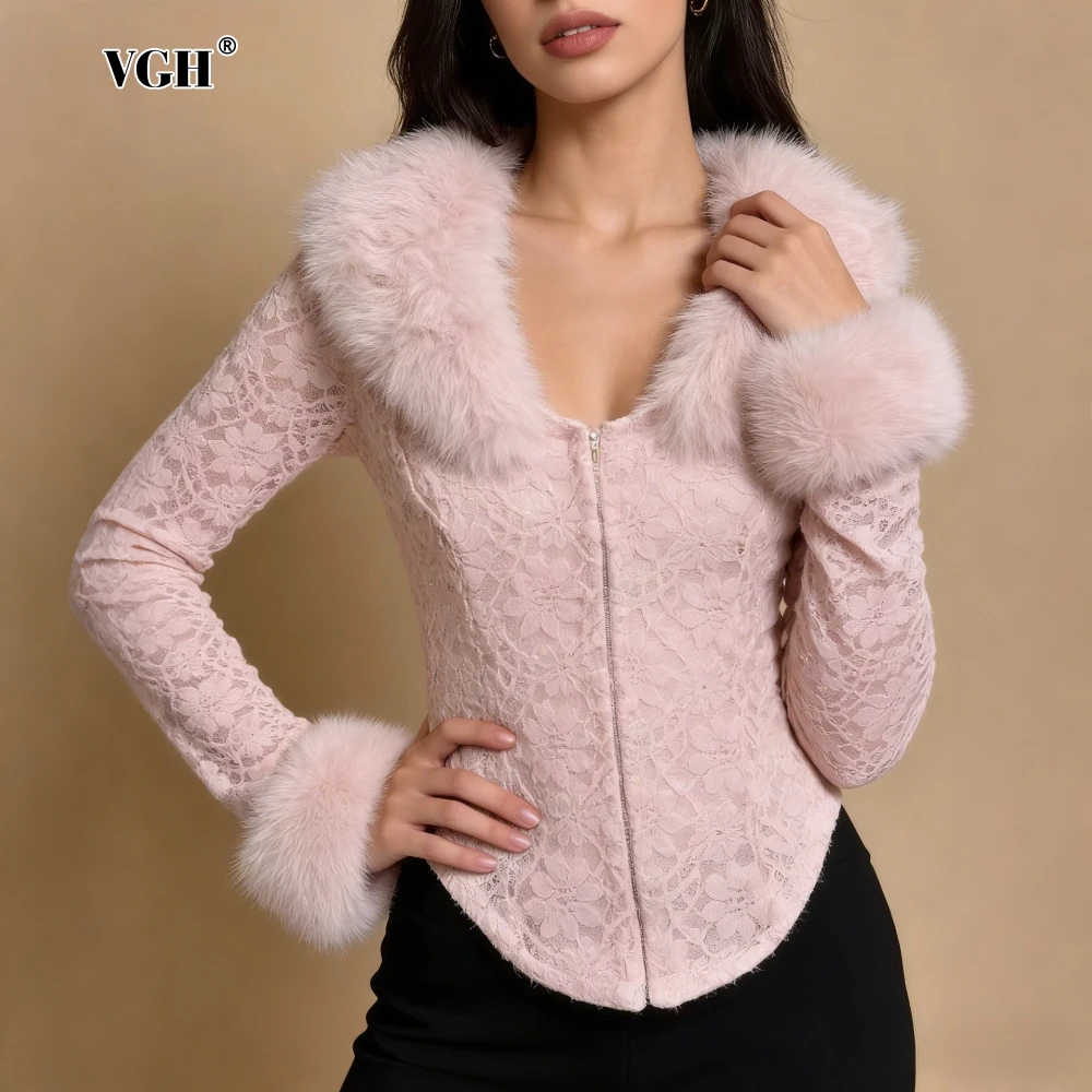 

Короткая куртка VGH Glamorous розового цвета с кружевом, искусственным меховым воротником, корсетным поясом и пуговицами спереди, приталенная, для романтических свиданий