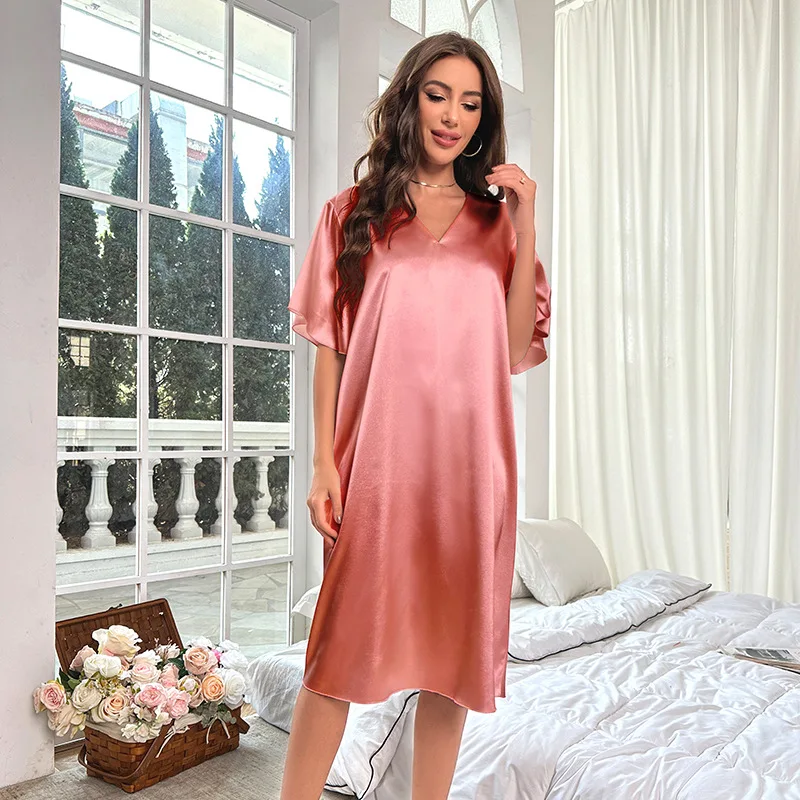 Amazon Large Size Ice Silk Pajamas Women's Summer Cool Feeling Thin Loungewear Long Women's Pajamas Comfortable and Breathable