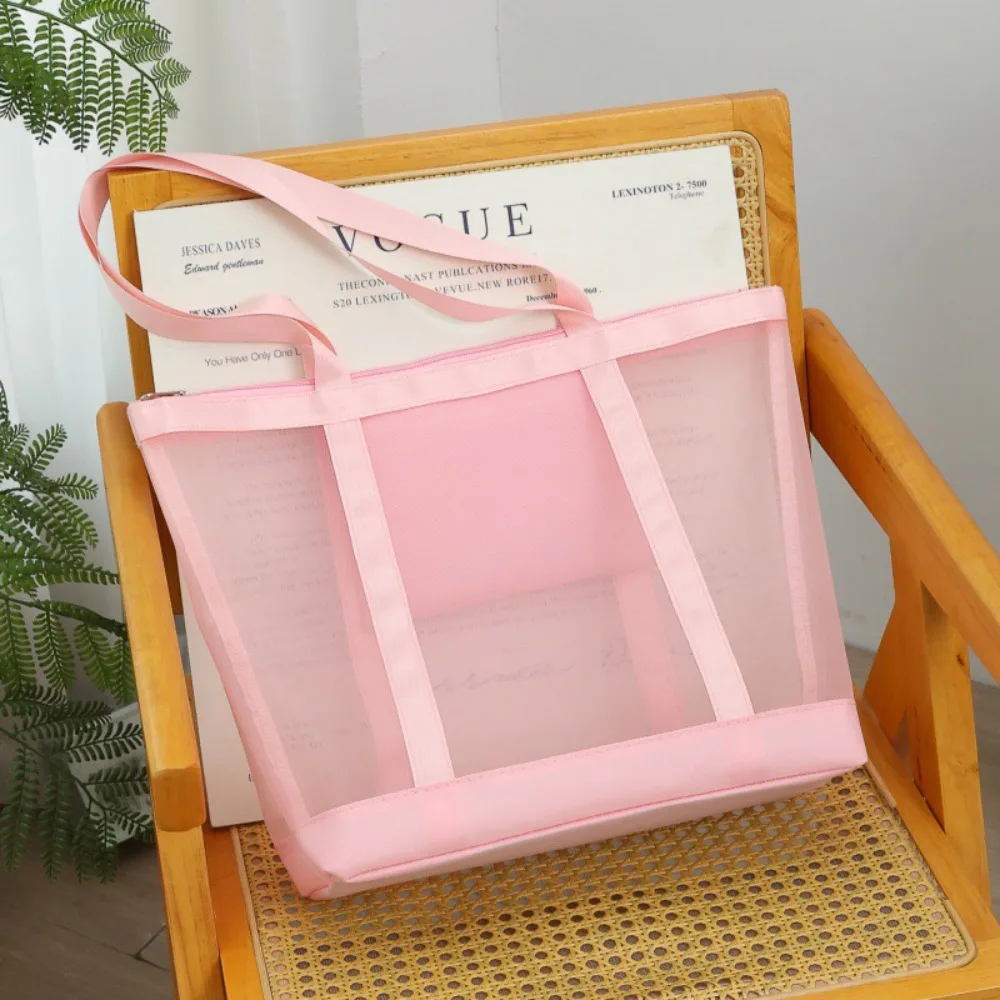 

New Breathable Mesh Shoulder Bag Hollow Transparent Beach Bags Multifunctional Large Capacity Makeup Storage Bag Women