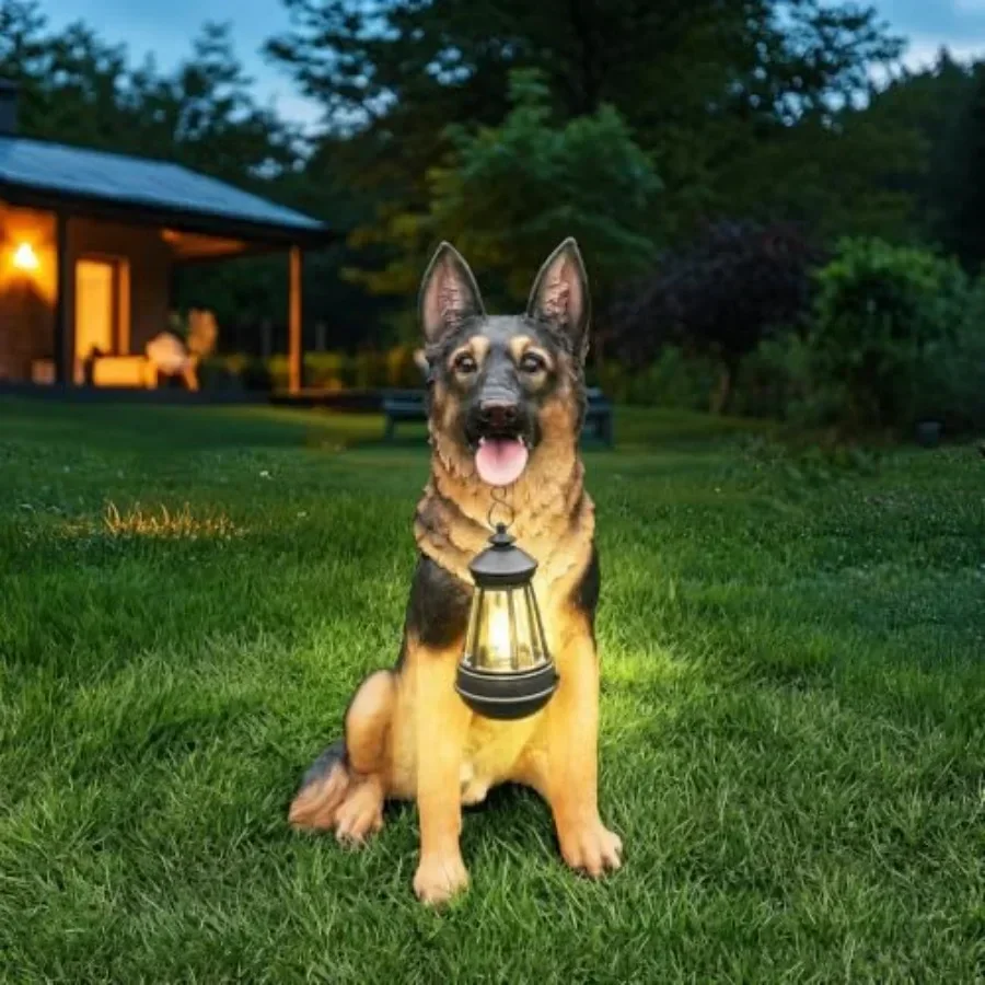 Garden decoration: realistic German Shepherd dog statue, polyresin material, gray and black color, weather-resistant and solar-