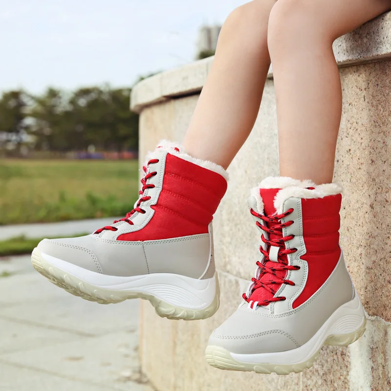 High quality mid calf leather snow boots for women new 2023 winter size 41 42 outdoor plush warm walking shoe - black beige