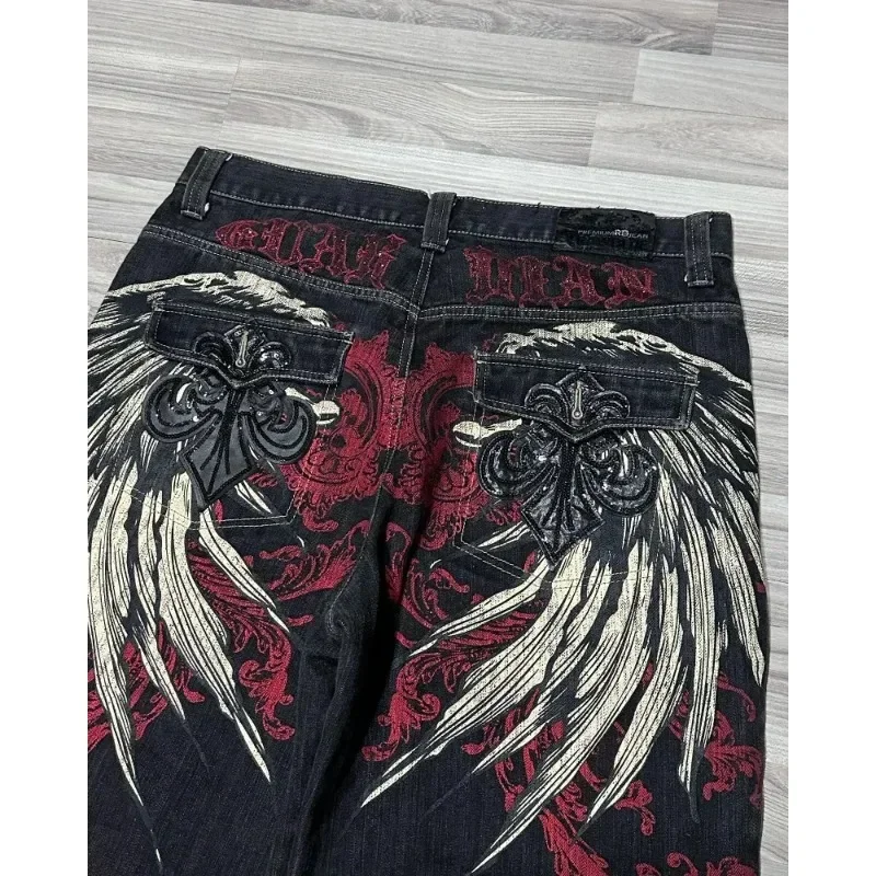 Y2K New Baggy Shorts Retro Wing Embroidered Denim Shorts Men's and Women's Street Harajuku Hip-Hop Gothic Loose Wide Leg Shorts