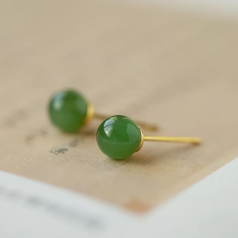 PANJBJ 925 Sterling Silver Hotan Jade Stud Earring for Women Girl Round vintage Luxury Jewelry Banquet Gift Dropshipping