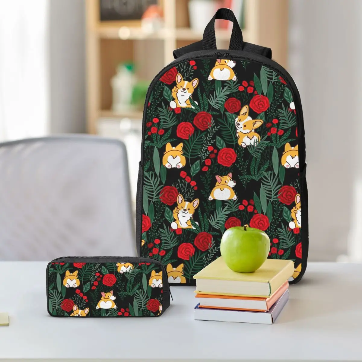 Corgi Dog In Garden Backpack Student BookBag School Bag Shoulder Bags 3ps Insulated Lunch Bag Pencil Case