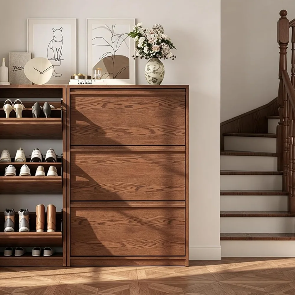 Three Tier Slide Out Wooden Shoe Cabinet Slim Hallway Storage Organizer