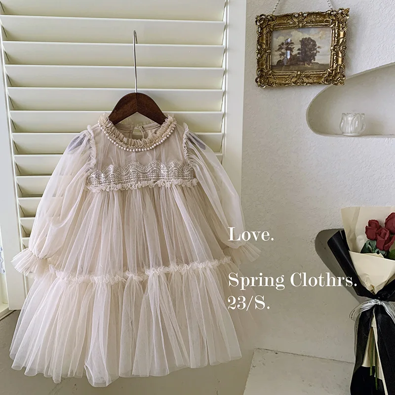 Girls\' Spring And Autumn New Children\'S Baby Girl Western Style Lace Splicing Puffy Gauze Princess Dress