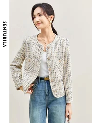 SENTUBILA Contrast Plaid Cropped Tweed Jacket for Women 2024 Elegant Straight Long Sleeve Autumn Winter Short Coats 133W49788