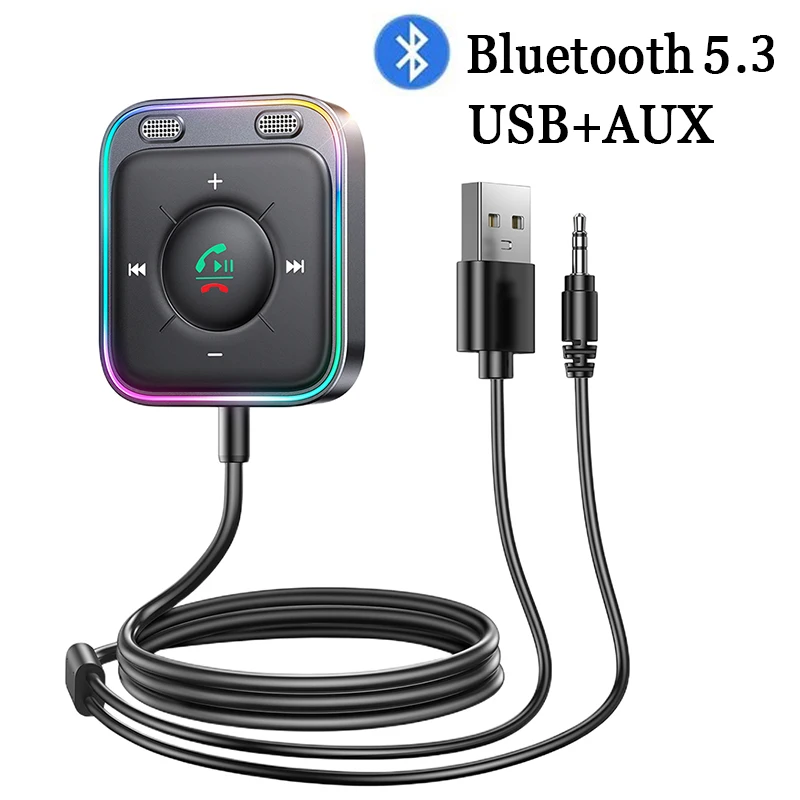 Adapter do odbiornika samochodowy Bluetooth 5.3 z Mics i redukcją szumów, zestaw samochodowy USB AUX odbiornik Bluetooth Stereo Audio