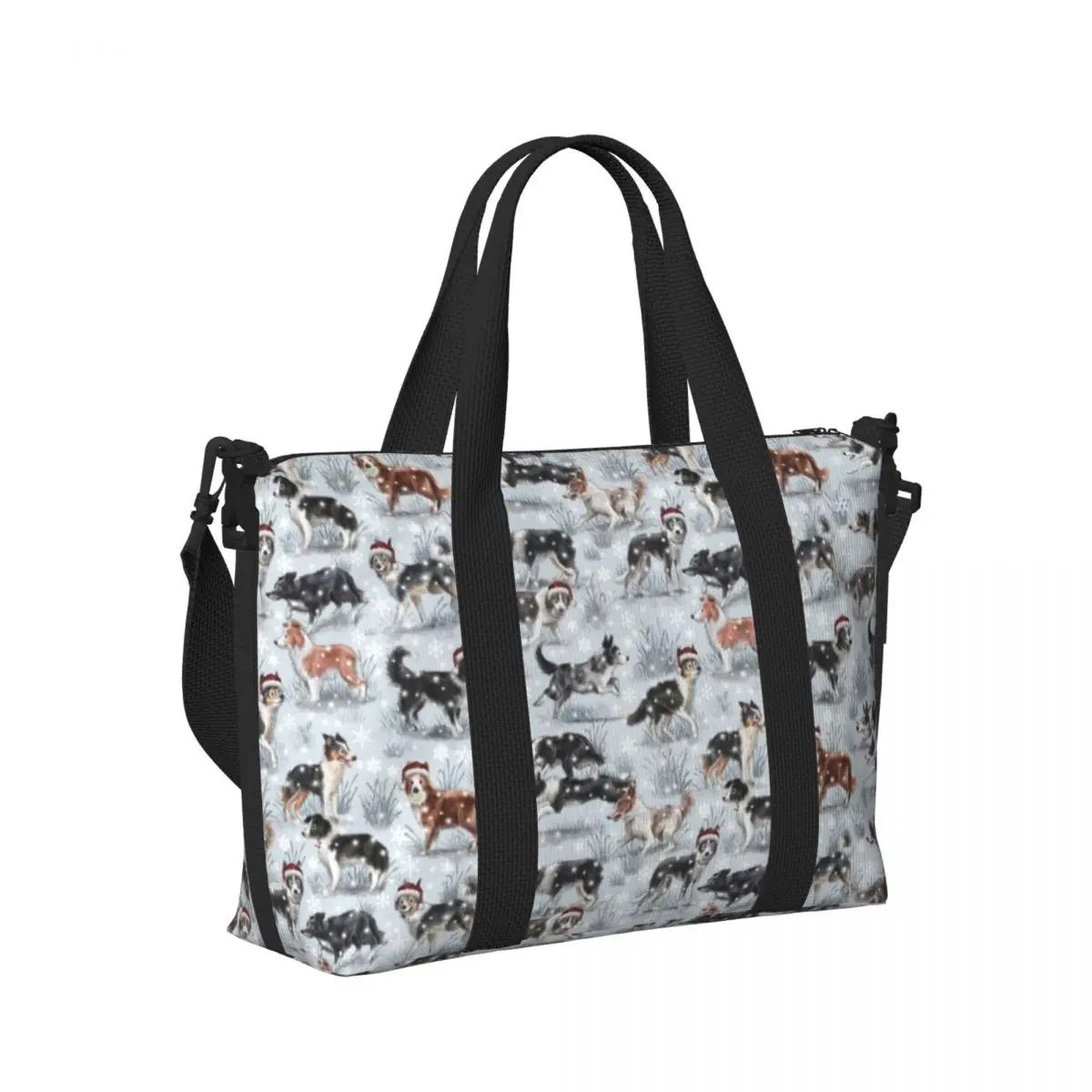 CUSTOM น่ารักคริสต์มาส Border Collie สุนัขร้านขายของชํา Shopping Tote กระเป๋าผู้หญิงขนาดใหญ่ความจุสัตว์เลี้ยงสัตว์ GYM Beach กระเป๋าเดินทาง