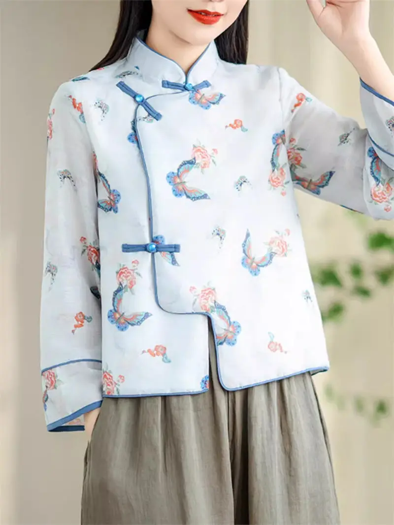 2024 Summer Retro Chinese Style Cotton And Hemp Printed Contrast Color Shirt Women's Diagonal Flap Button Stand Neck Top K1006