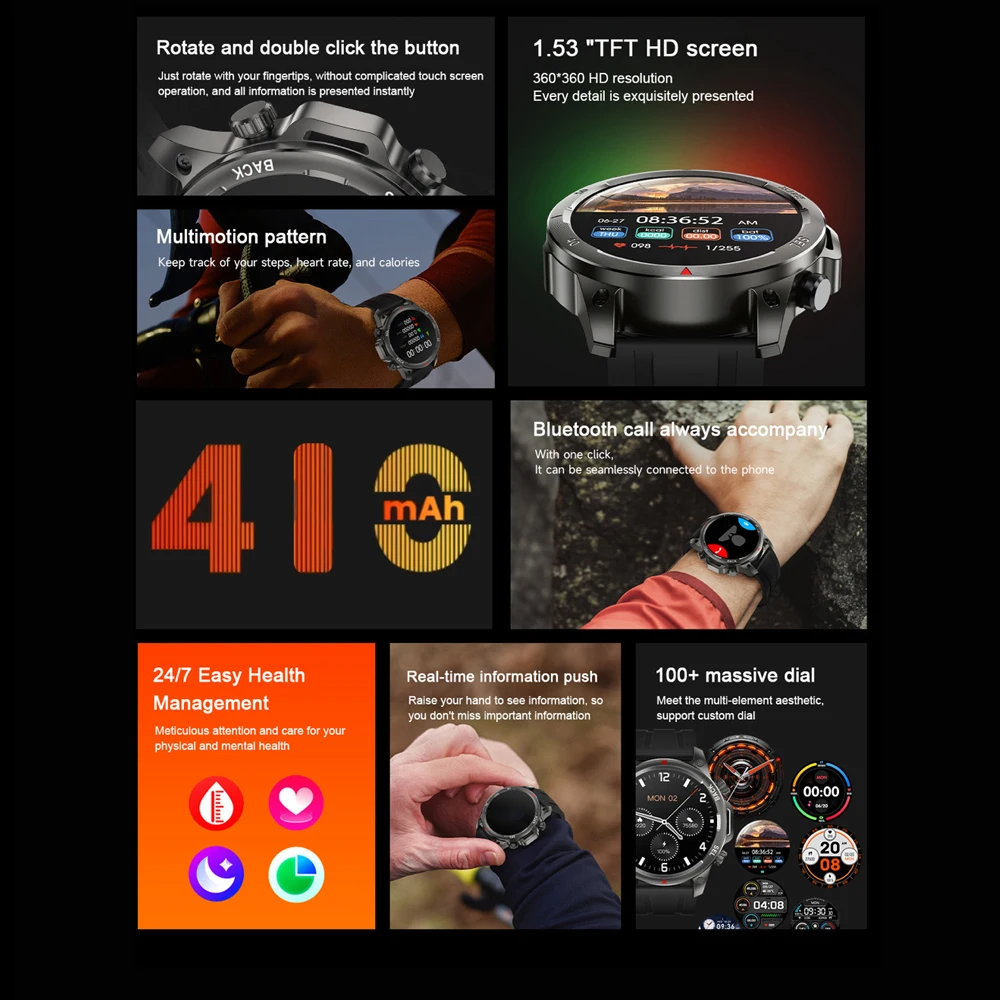 ساعة ذكية رياضية مقاومة للماء للرجال ، ، مكالمة أسنان زرقاء ، معدل ضربات القلب ، ساعات صحية ، مصباح يدوي ليد ، بوصلة ، ساعة ذكية NFC