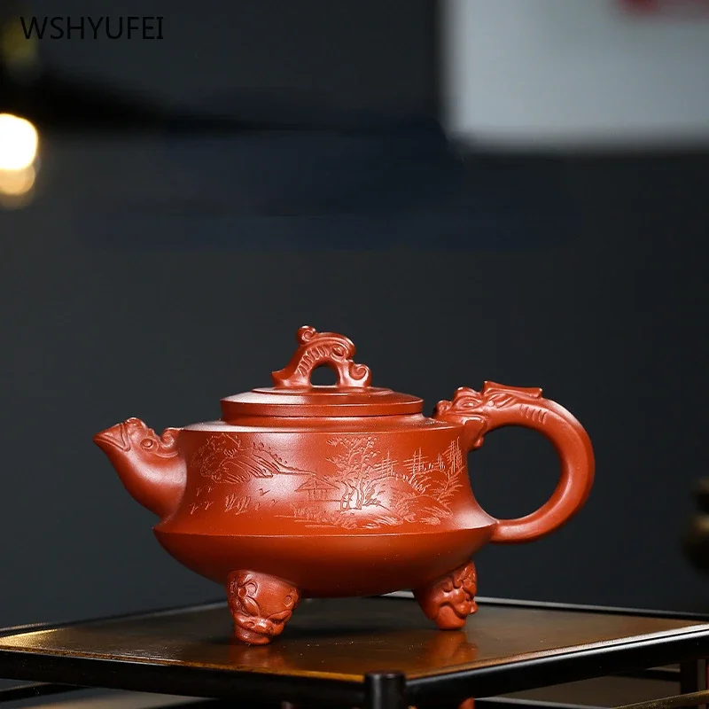 

280ml 1pcs Kung Fu Tea dark-red enameled pottery teapot Three legged Dragon Zun Teapot Dahongpao Tea Hand drawn tea pot