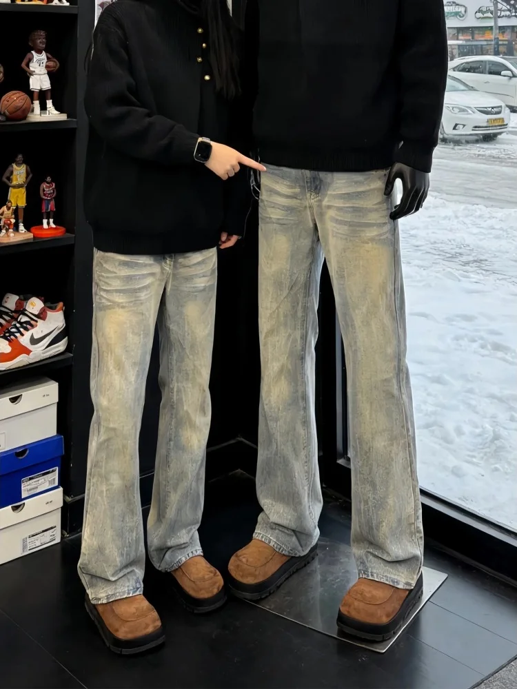 

Американские джинсы с узором в стиле High Street, мужские, новые, ретро, универсальные, зауженные, с микро-клешем, молодежные, модные, дышащие