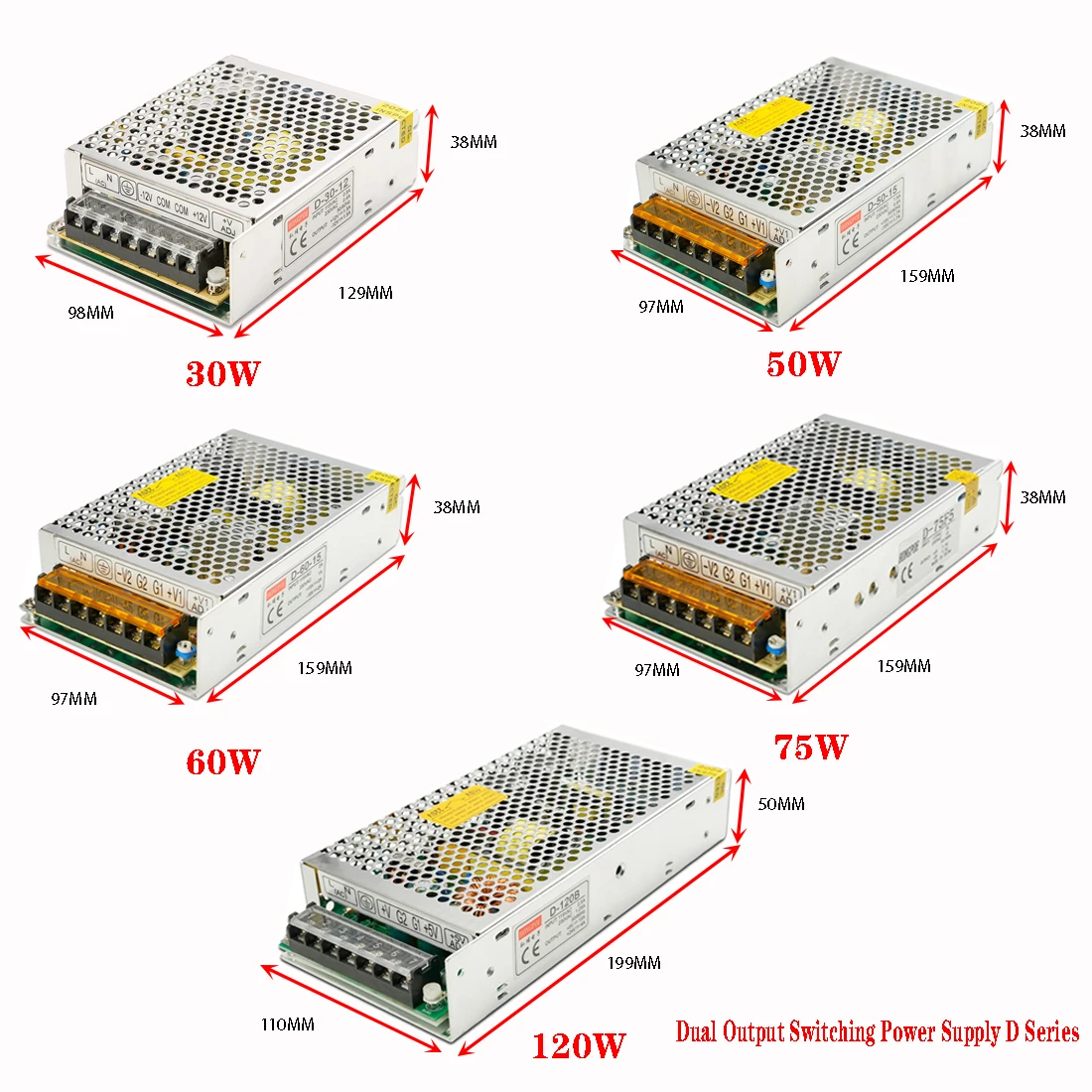 Dual-output Power Supply 30W 50W 60W 75W 120W SMPS 5V 10V 12V 15V 24V ±5V ±10V ±12V ±15V ±24V AC100-240V for LEDlight TV Motors.
