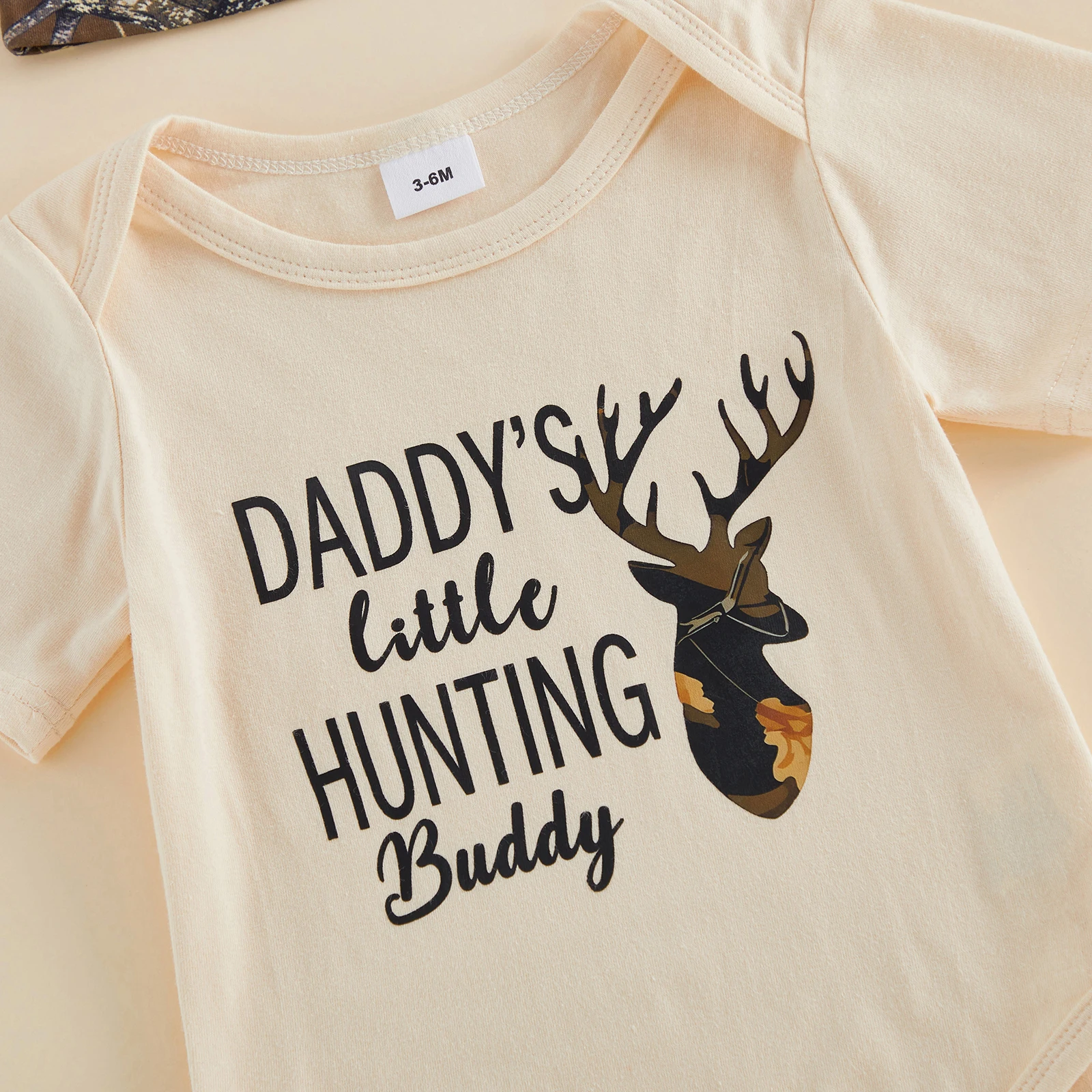 Baby Boys 3 Piece Outfit Adorable Deer Letter Print Short Sleeve Round Neck Jumpsuit and Hat Camouflage Pants Set