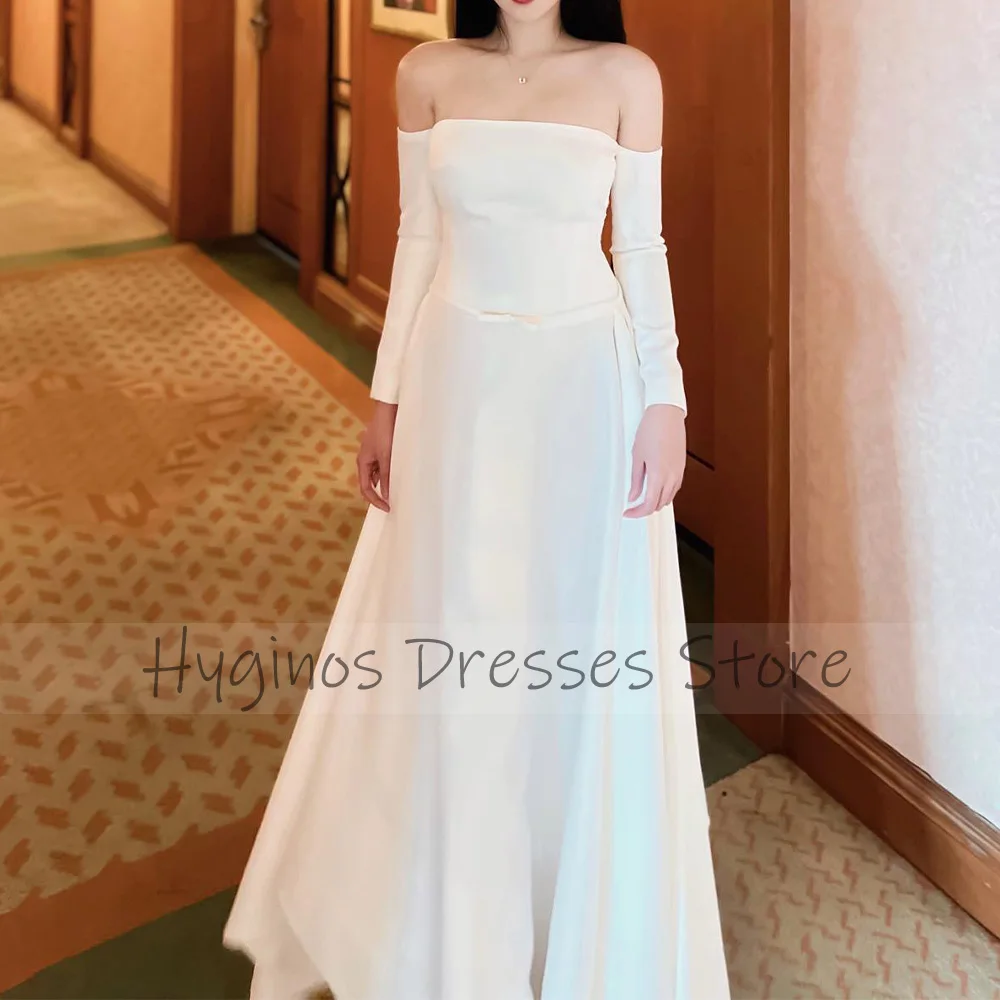 Elegant Prom Dress Off the Shoulder A Line Long Sleeves Simple Formal Gowns for Women 2024 Bow Ruched Ankle Length Party Dress